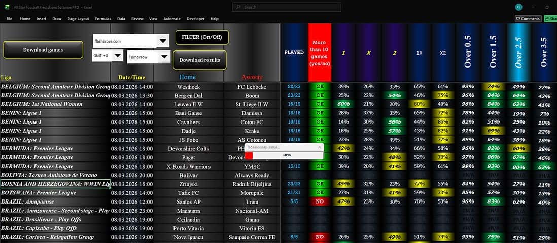 All Star Football software fixture table with match-result, goals, corners and score estimate columns