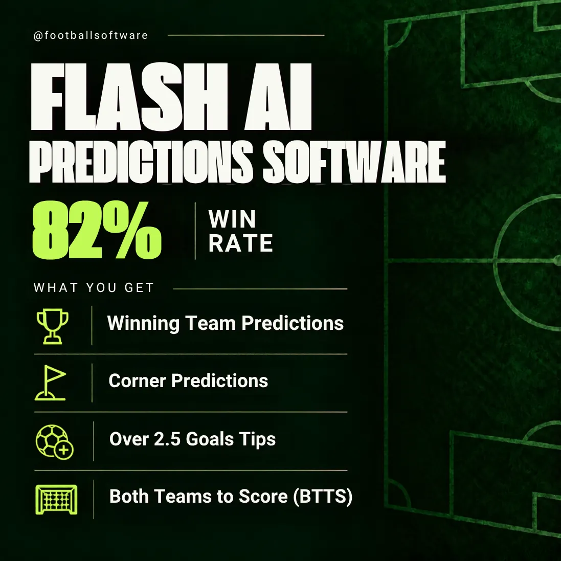 Flash AI Predictions Software promotional graphic listing winning team, corners, Over 2.5 goals and BTTS features, with an 82% win-rate claim