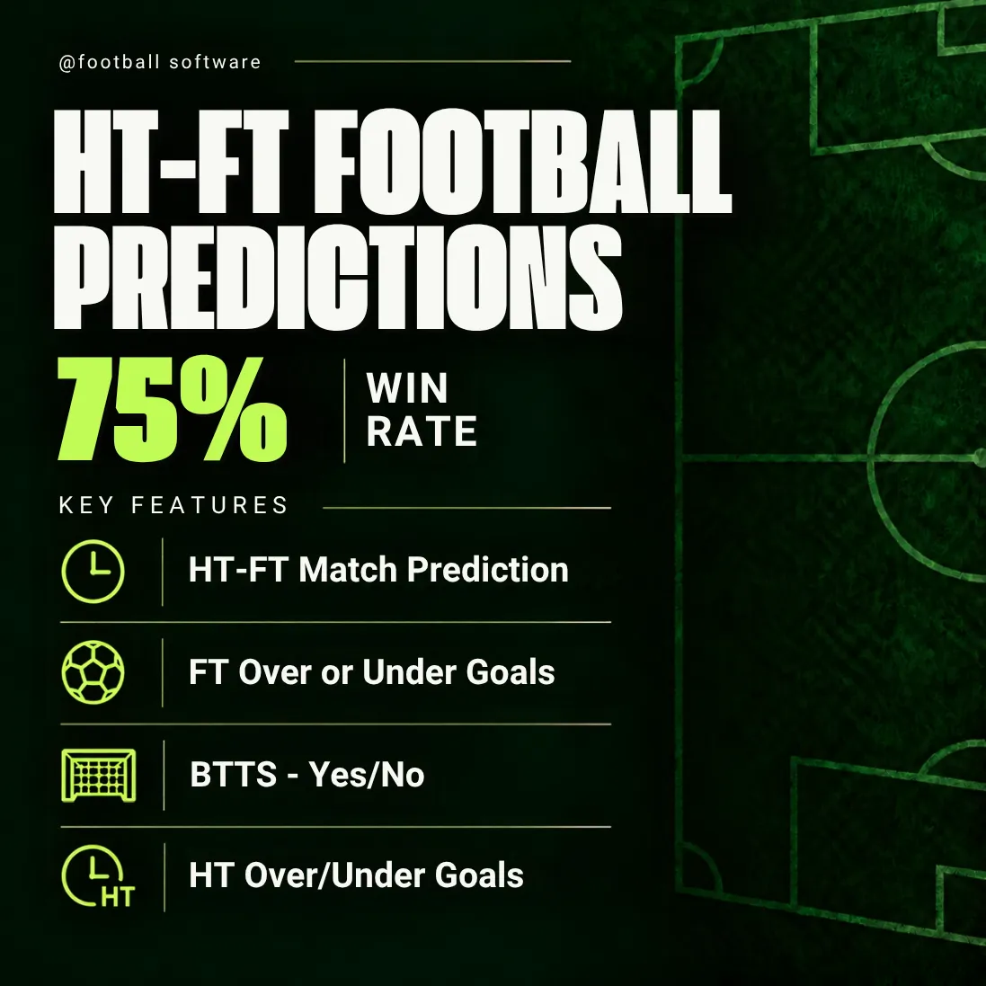 Just HT-FT Football Predictions promotional graphic listing half-time/full-time match predictions, full-time and half-time goals and BTTS features, with a 75% win-rate claim