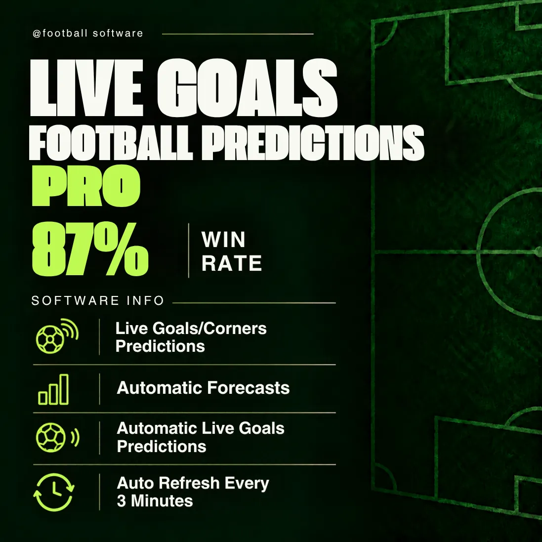 Live Football Predictions software showing match minutes, scores and goal signals for in-play matches.