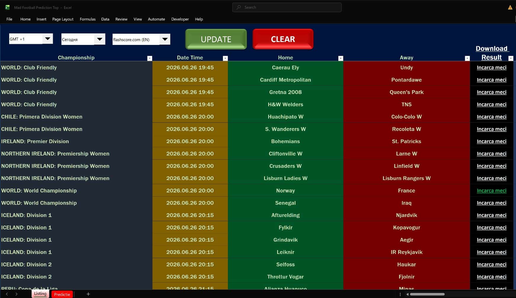 MAD Football AI fixture browser with date filters, update button and match-report downloads