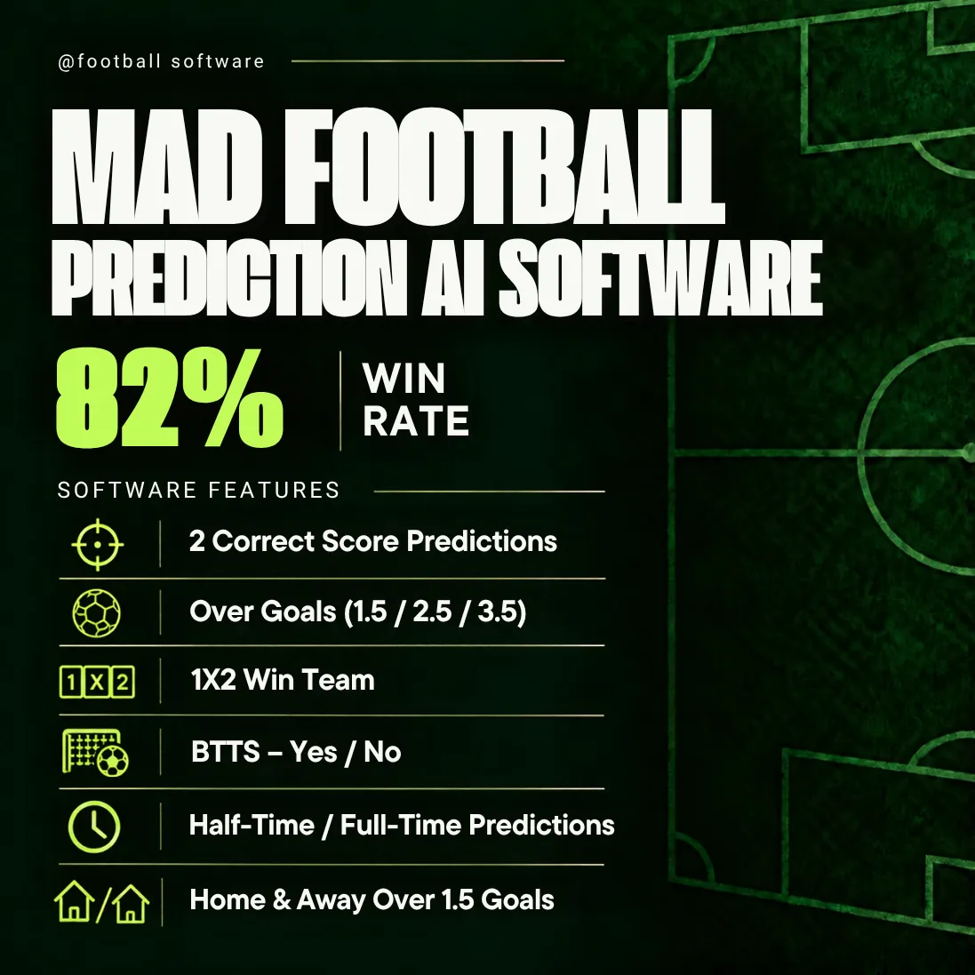 Mad Football Prediction AI Software promotional graphic listing correct score, goals, 1X2, BTTS and half-time/full-time features, with an 82% win-rate claim