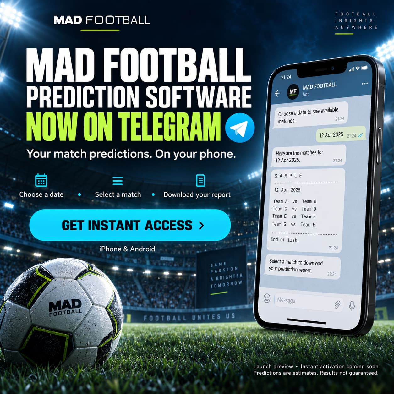 MAD Football Telegram launch artwork showing mobile match selection and reports