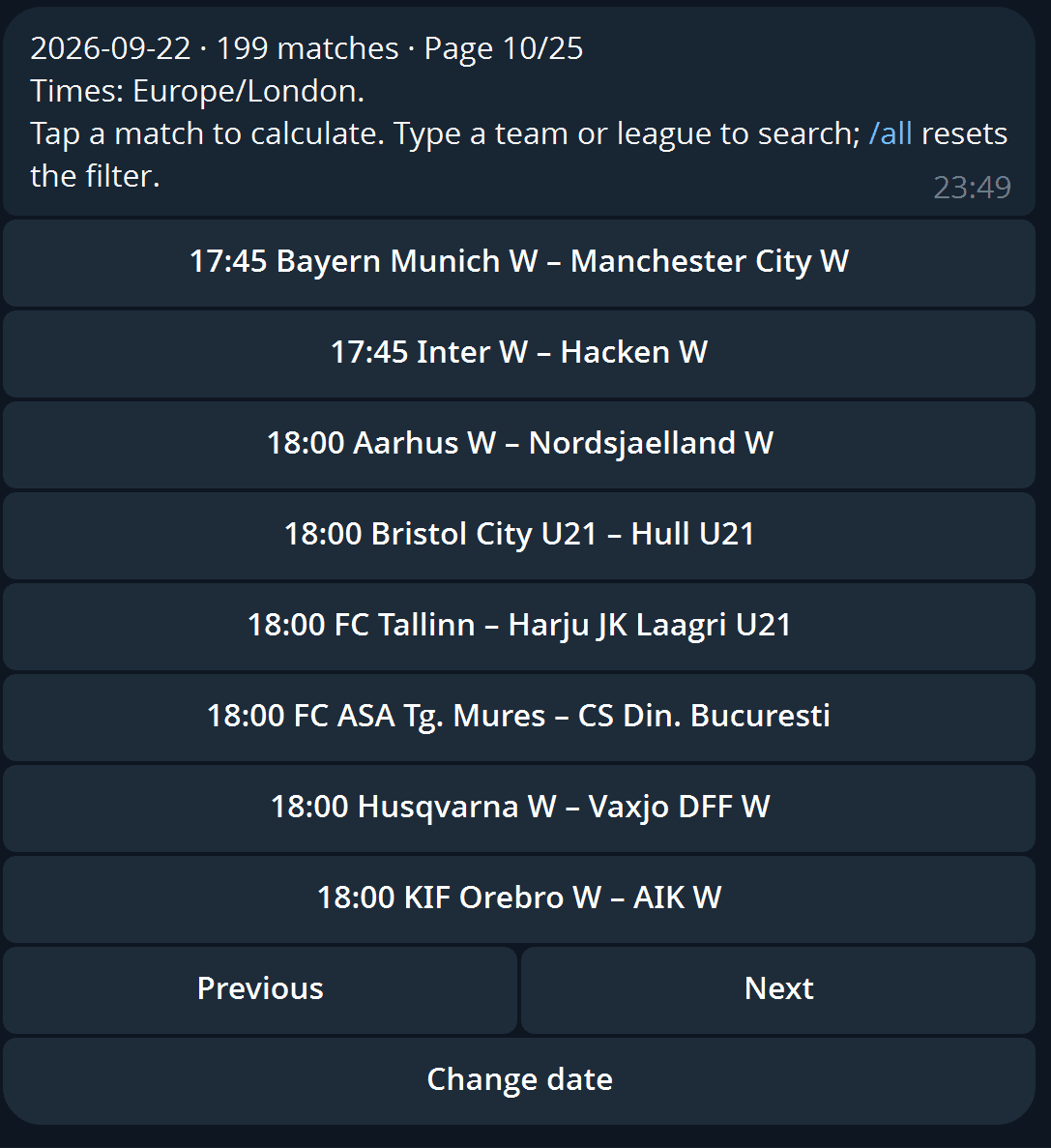 MAD Football Telegram match selection screen