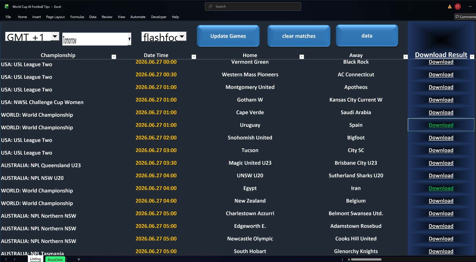 World Cup AI software fixture browser with update, clear and report-download controls
