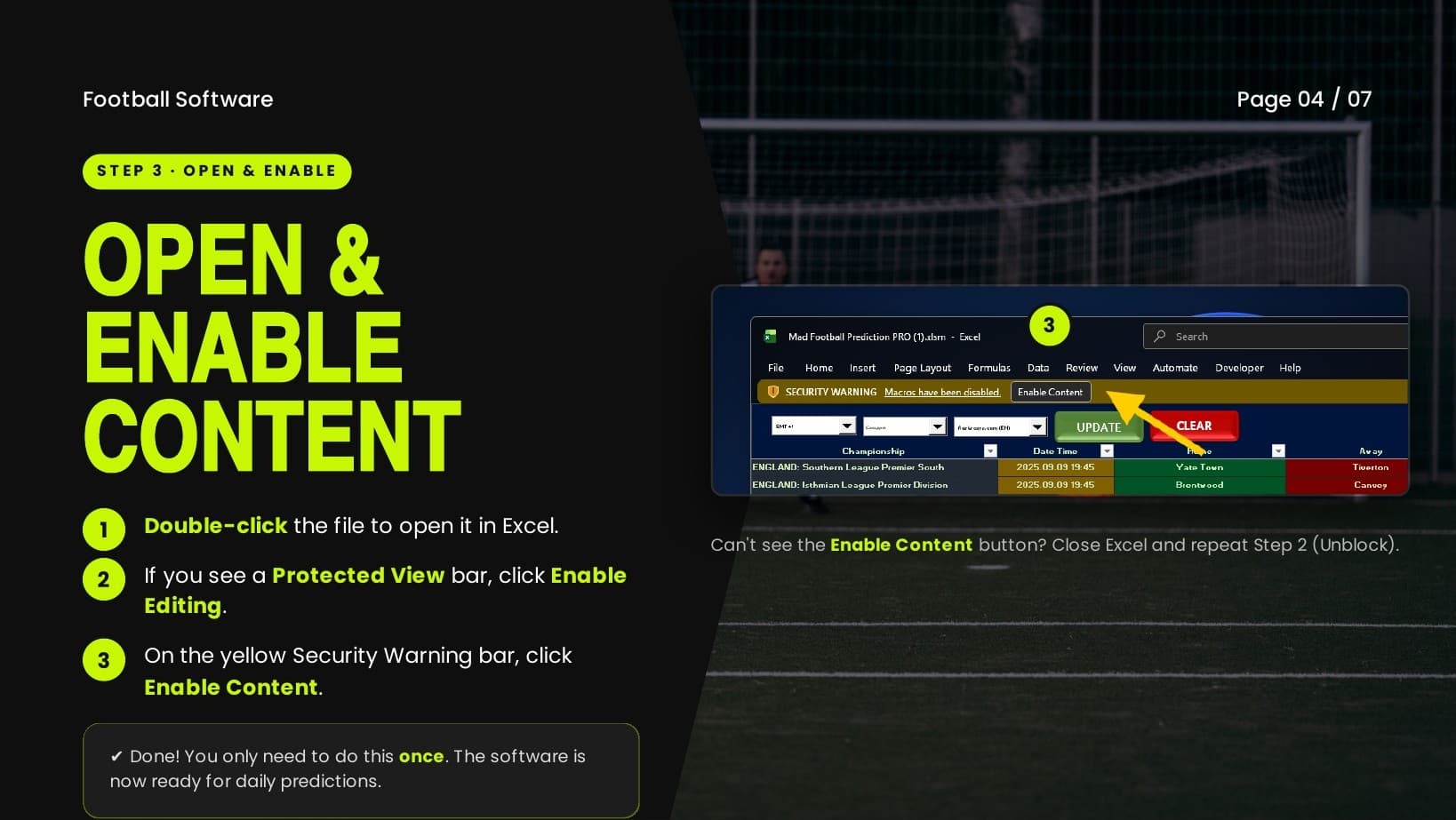 Open in Excel: illustrated football software guide, page 4 of 7. Instructions below.