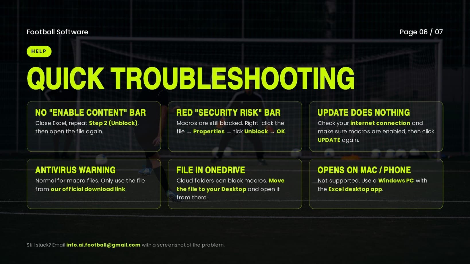 Troubleshooting: illustrated football software guide, page 6 of 7. Instructions below.