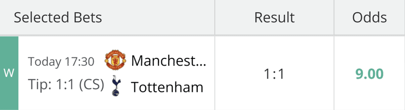 Original Manchester United versus Tottenham result card displaying a 1–1 correct-score tip, a 1–1 result and decimal odds of 9.00.