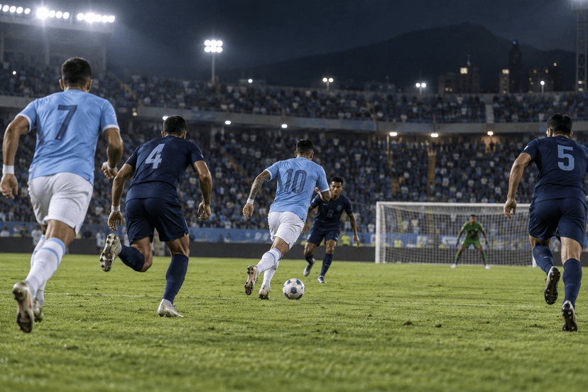 Anonymous footballers in pale-blue and navy kits contesting play toward a distant goal under floodlights.