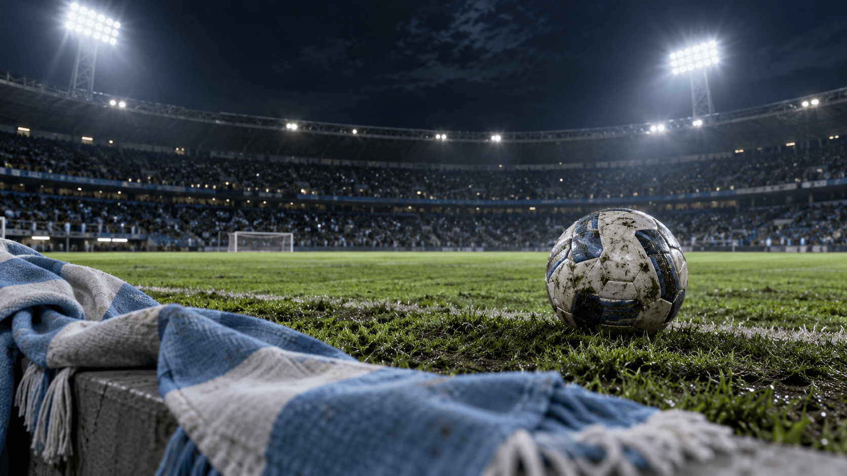 Football and pale-blue supporter scarves on grass under stadium floodlights.