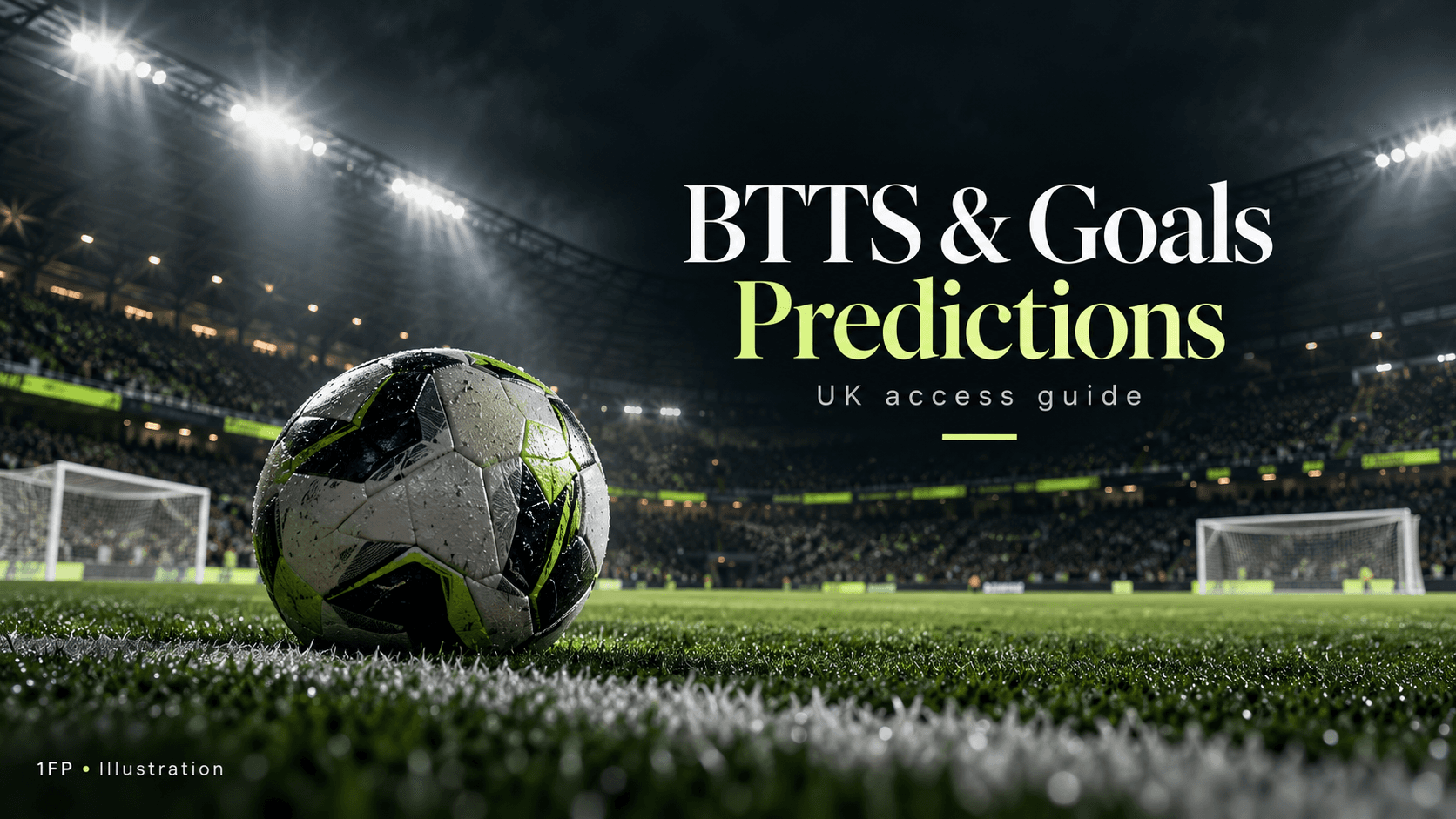 Football on a floodlit pitch illustrating BTTS and goals predictions for UK readers