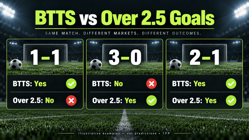 Illustrative scores showing that 1–1 meets BTTS but not Over 2.5, 3–0 meets Over 2.5 but not BTTS, and 2–1 meets both