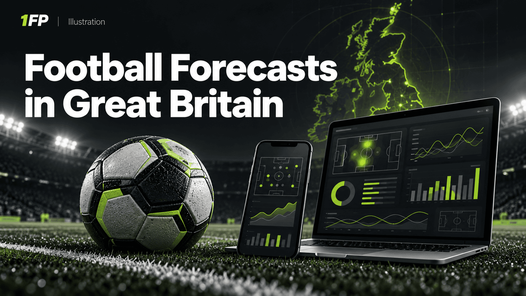 Football, phone and laptop illustrating football forecast services in Great Britain