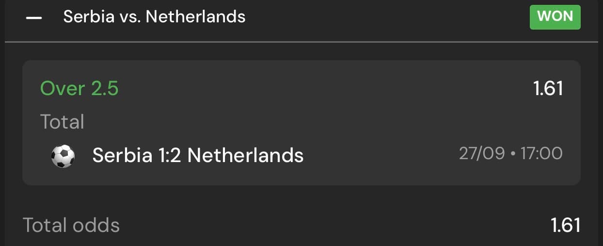 Supplied receipt showing Serbia 1–2 Netherlands, Over 2.5 marked WON and odds 1.61.