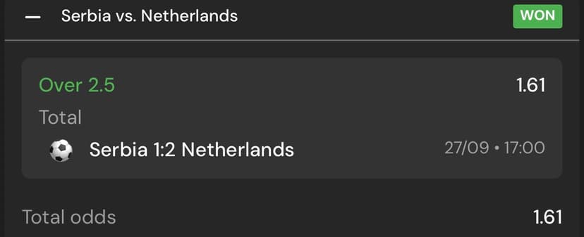 Supplied receipt showing Serbia 1–2 Netherlands, Over 2.5 marked WON and odds 1.61. Supplied receipt showing Serbia 1–2 Netherlands, Over 2.5 marked WON and odds 1.61.