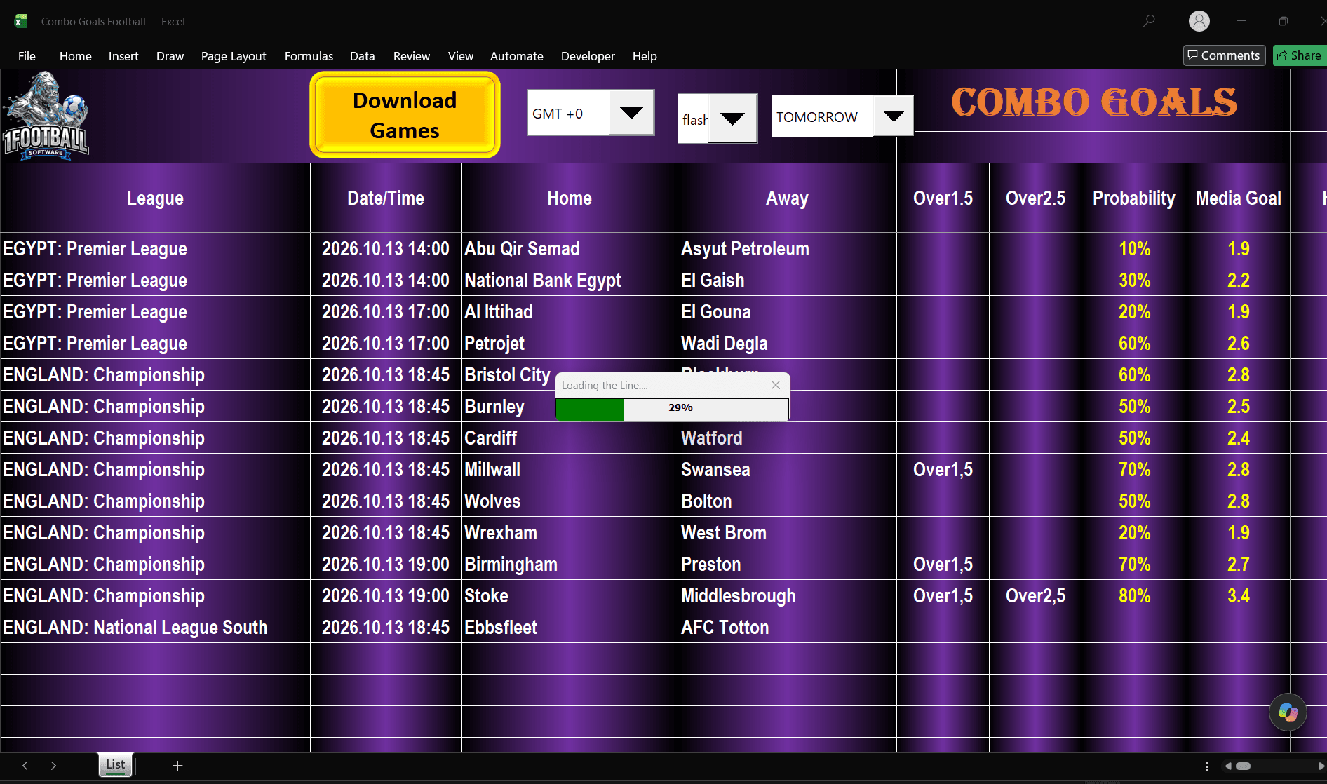 Original Combo Goals Excel screenshot showing Download Games, GMT +0, Tomorrow, goals indicators and loading at 29%.