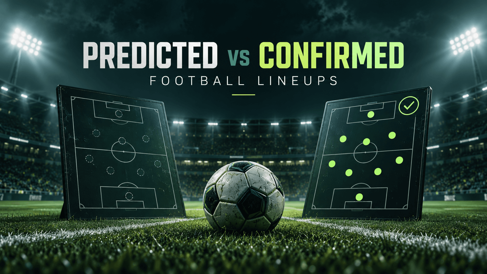 Illustration comparing provisional and confirmed football lineup boards in a floodlit stadium.