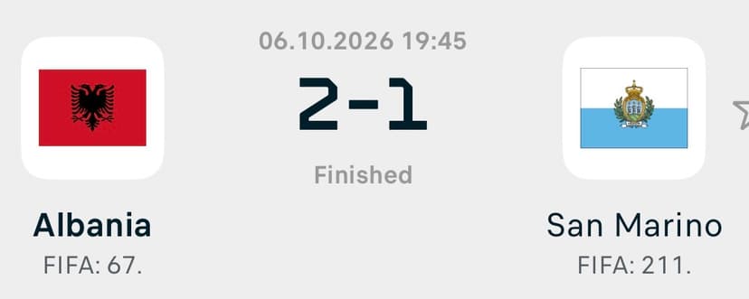 Supplied finished-match image dated 6 October 2026 showing Albania 2–1 San Marino.