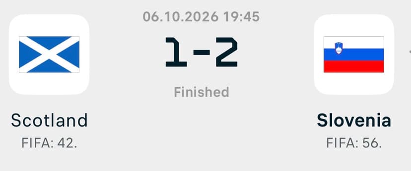 Supplied finished-match image dated 6 October 2026 showing Scotland 1–2 Slovenia.