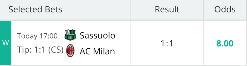 Original Sassuolo versus AC Milan result screenshot showing a 1–1 correct-score tip, 1–1 result, odds of 8.00 and W marker.