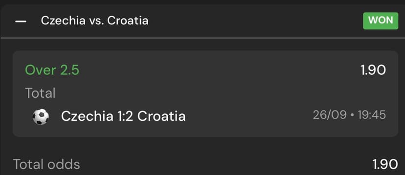 Czechia–Croatia: supplied Over 2.5 settlement image Supplied receipt showing Czechia 1:2 Croatia, Over 2.5 marked WON and decimal odds of 1.90.