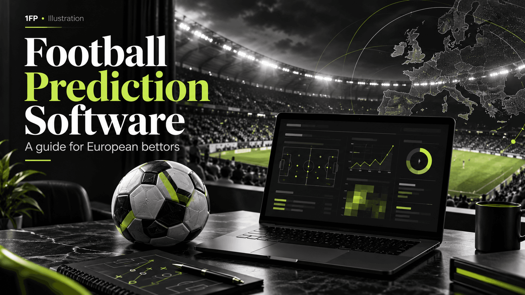 Football and laptop in an illustrated stadium setting with a European map motif