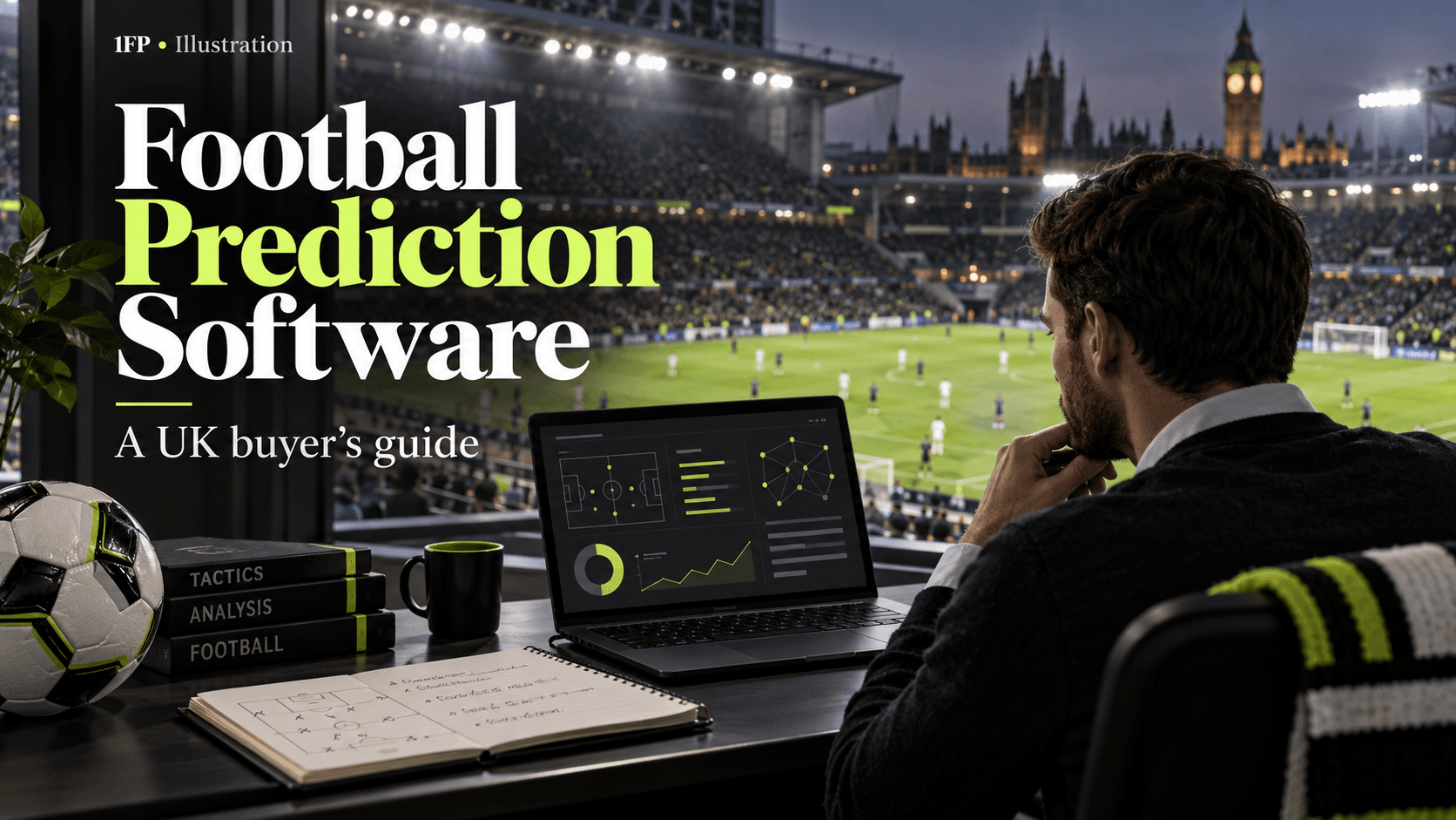 Illustrated football analysis workspace with a laptop overlooking a stadium