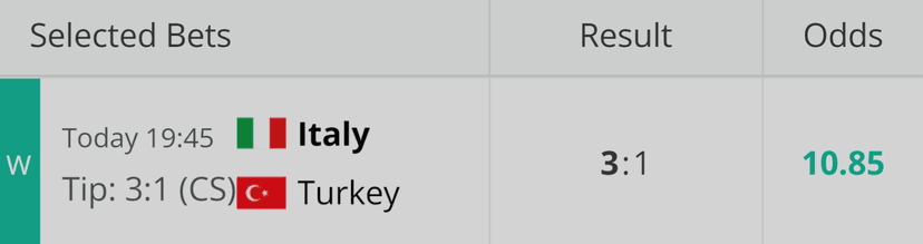 Original Italy–Turkey result image showing Tip 3:1 (CS), result 3:1, odds 10.85 and a W marker.