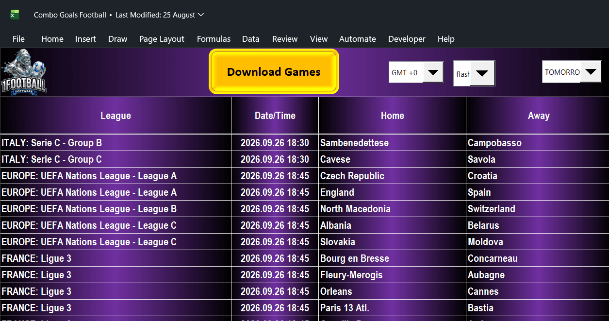 Original Combo Goals Excel screenshot showing Download Games, timezone and date selectors, and league, date/time, home and away columns.