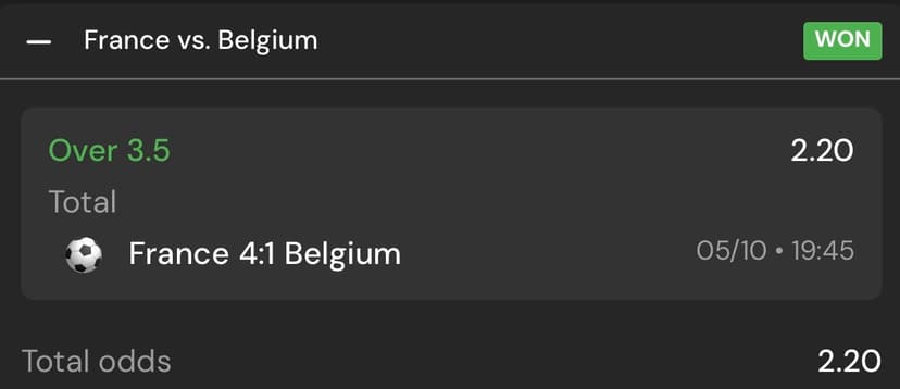 Original supplied receipt showing France 4–1 Belgium, an Over 3.5 selection at decimal odds of 2.20, and a WON label.