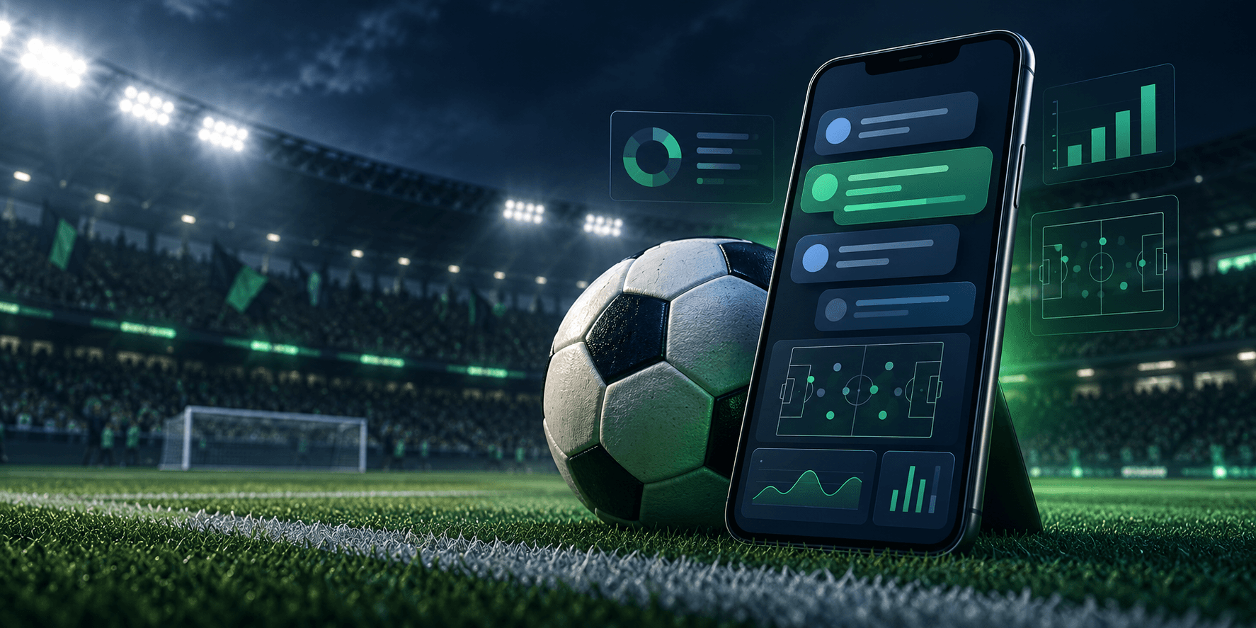 Smartphone with illustrated football analysis cards beside a football on a floodlit pitch.