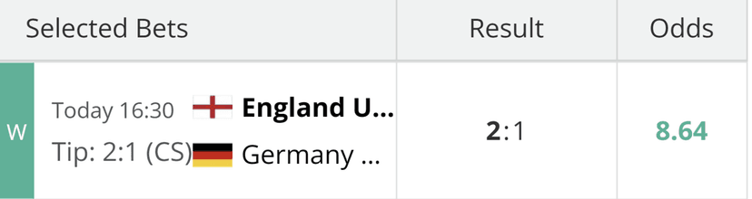 Supplied result screenshot showing a 2:1 correct-score tip, a 2:1 result, odds of 8.64 and a W marker; the England and Germany team labels are truncated.
