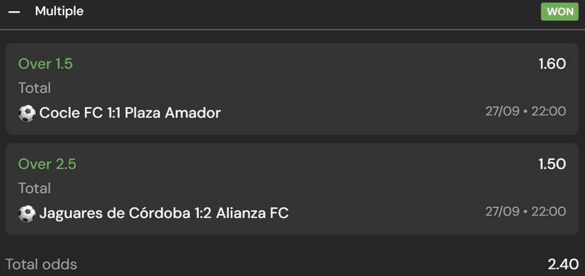 Two-selection goals receipt supplied for this example Supplied multiple receipt marked WON: Cocle FC 1–1 Plaza Amador Over 1.5 and Jaguares de Córdoba 1–2 Alianza FC Over 2.5, with total odds 2.40.