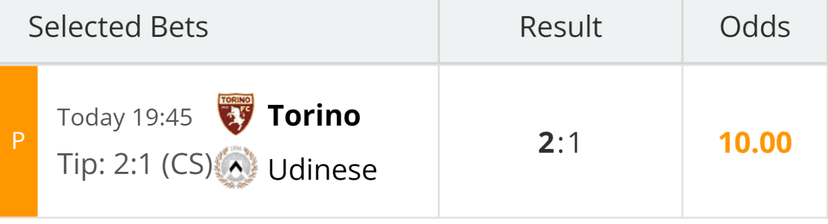 Torino vs Udinese selection card showing a 2–1 correct-score tip, displayed result 2–1, odds 10.00 and orange P status