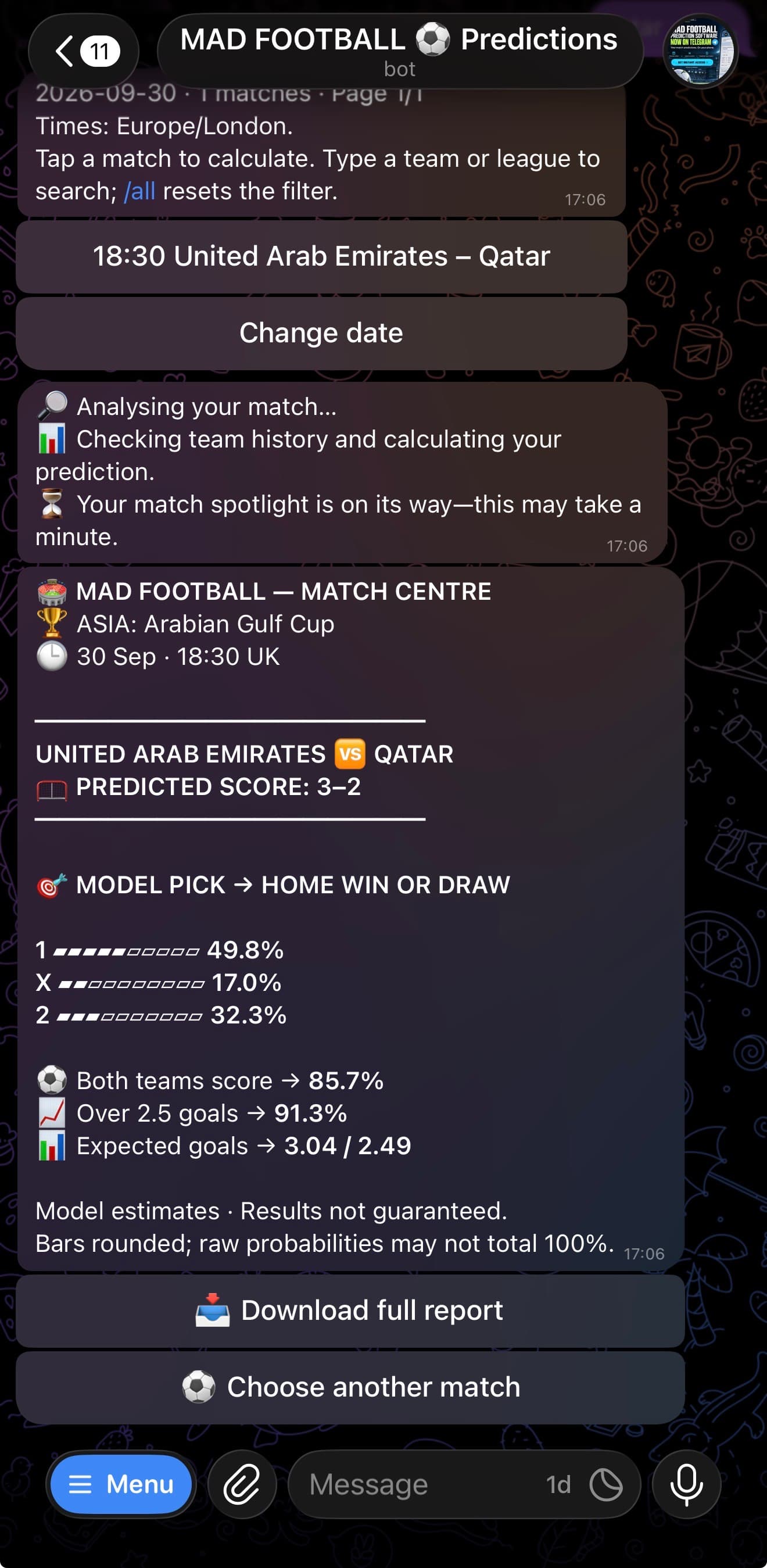 MAD Football Telegram UAE vs Qatar report for 30 September showing a 3–2 score scenario, UAE or draw pick, BTTS 85.7% and Over 2.5 goals 91.3%.