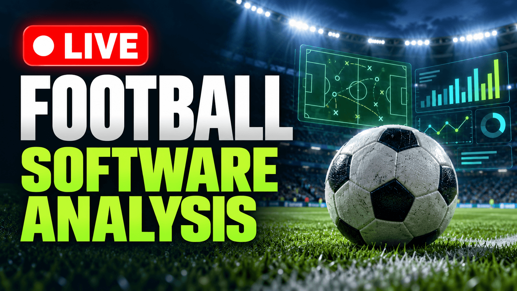 Football software analysis illustration with a stadium, football, charts and a red LIVE label.