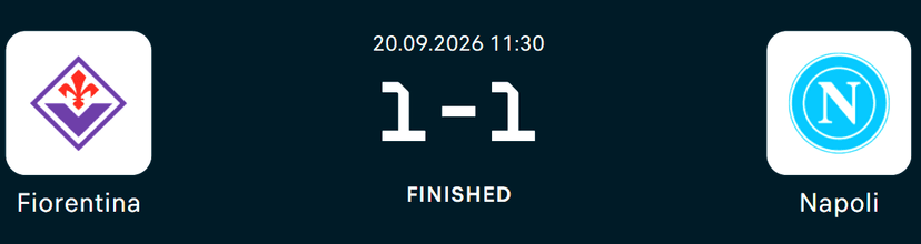 Original supplied result screenshot showing Fiorentina 1–1 Napoli, marked Finished and dated 20 September 2026 at 11:30