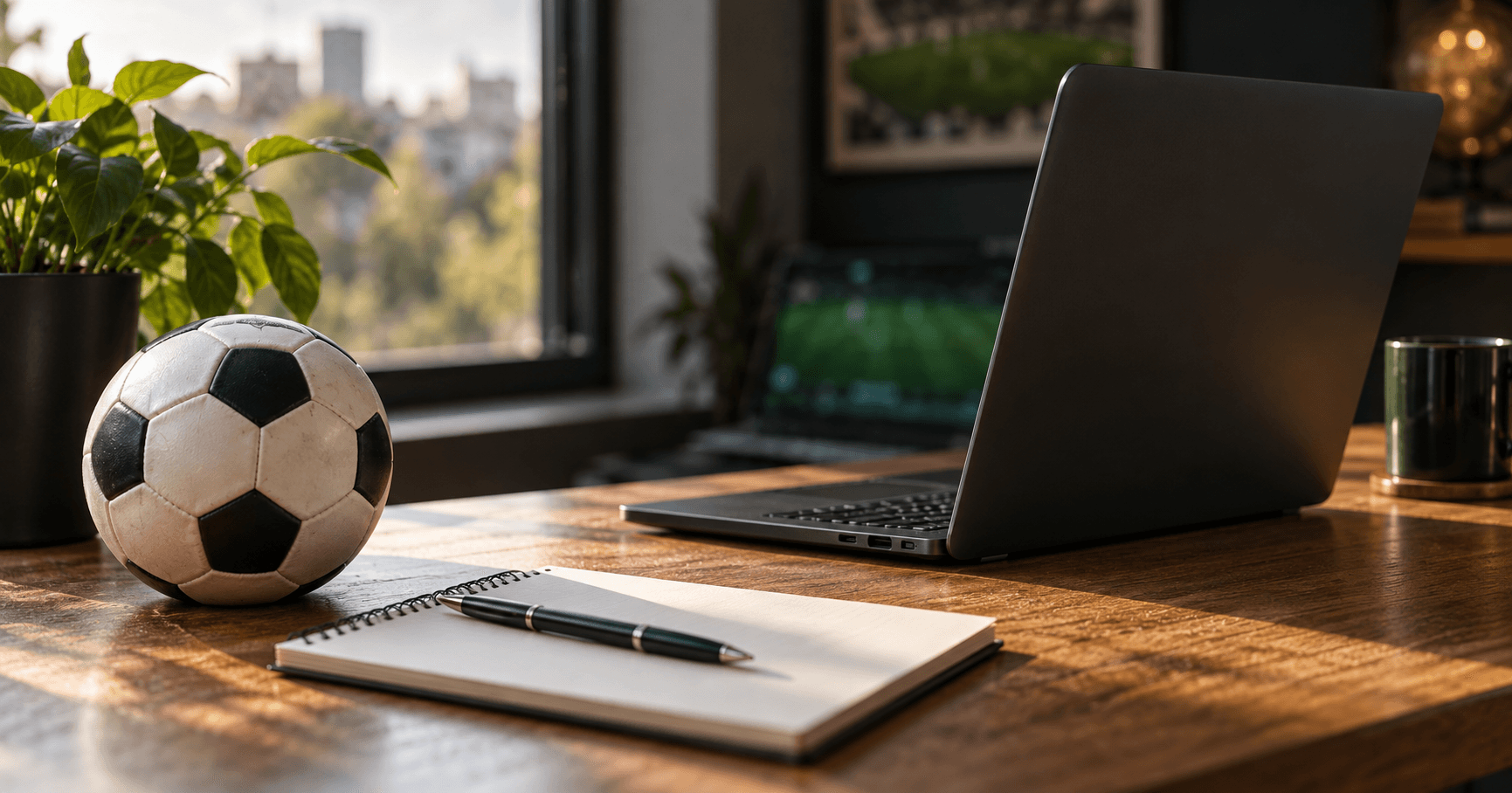 AI-generated illustration of a laptop, notebook and football on a wooden desk